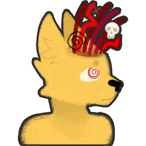 A yellow anthro wolf creature with a hole in their head, their head is being filled with red squiggles, Xs, Skulls and other zigzag things, the wolf has red spiral eyes and is looking up sadly.